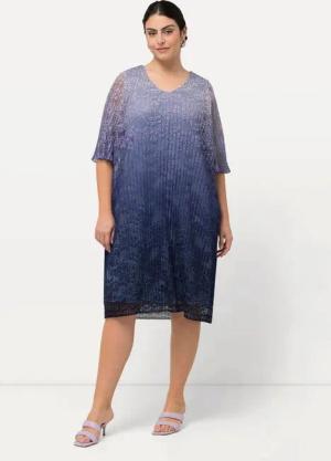 Ulla Popken Cocktailkleid Midikleid plissierte Spitze V-Ausschnitt Halbarm