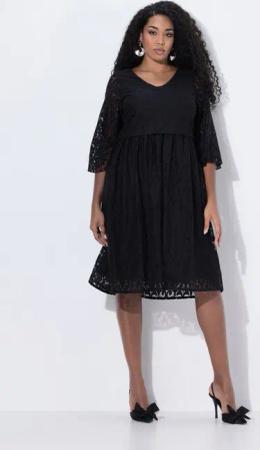 Ulla Popken Cocktailkleid Midikleid Spitze A-Linie V-Ausschnitt Glockenärmel