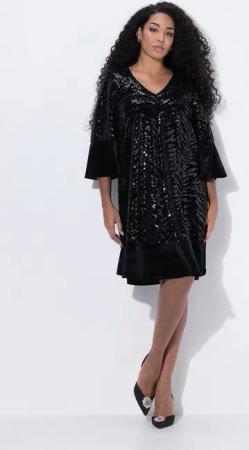 Ulla Popken Cocktailkleid Samtkleid Pailletten A-Linie V-Ausschnitt 3/4-Arm