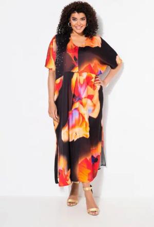 Ulla Popken Cocktailkleid Satin-Kaftan Blüten Ziersteine V-Ausschnitt