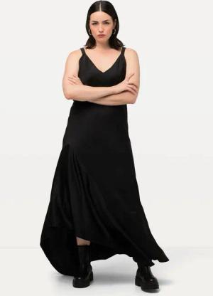 Ulla Popken Cocktailkleid Satin-Maxikleid A-Linie V-Ausschnitt ärmellos