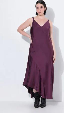 Ulla Popken Cocktailkleid Satin-Maxikleid A-Linie V-Ausschnitt ärmellos