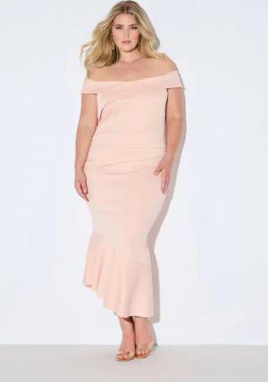 Ulla Popken Cocktailkleid Scuba-Maxikleid Carmenausschnitt Drapierung