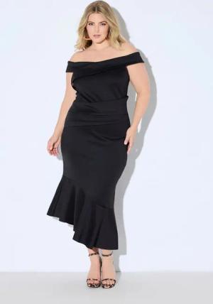 Ulla Popken Cocktailkleid Scuba-Maxikleid Carmenausschnitt Drapierung