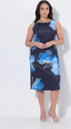 Ulla Popken Cocktailkleid Scuba-Midikleid Blüten U-Boot-Ausschnitt ärmellos