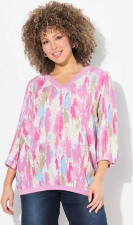 Ulla Popken Druckbluse Bluse Krepp Rippsaum V-Ausschnitt 3/4-Arm