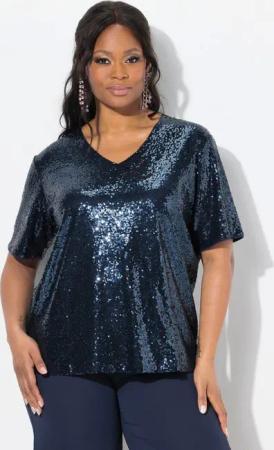 Ulla Popken Druckbluse Blusenshirt Pailletten V-Ausschnitt Halbarm