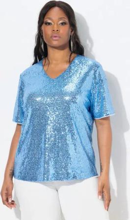 Ulla Popken Druckbluse Blusenshirt Pailletten V-Ausschnitt Halbarm