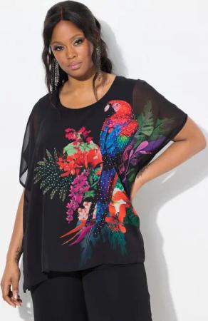 Ulla Popken Druckbluse Blusenshirt Papagei doppellagig V-Ausschnitt