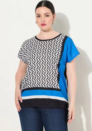 Ulla Popken Druckbluse Blusenshirt Patchlook Satinfront Rundhals Halbarm