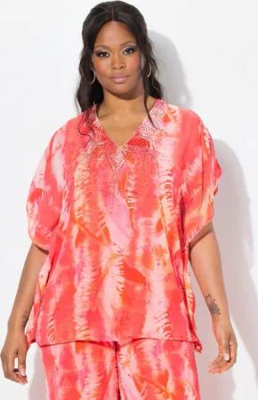 Ulla Popken Druckbluse Chiffonbluse Feder doppellagig V-Ausschnitt