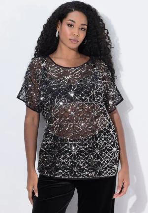 Ulla Popken Druckbluse Mesh-Bluse Pailletten Oversized Rundhals ärmellos