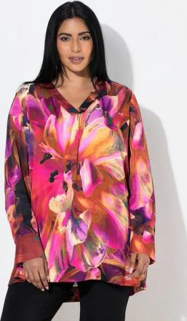 Ulla Popken Druckbluse Satinbluse Blüten V-Ausschnitt Langarm