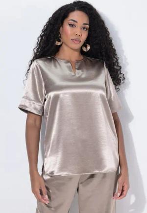 Ulla Popken Druckbluse Satinbluse Metallic-Effekt Rundhals Halbarm