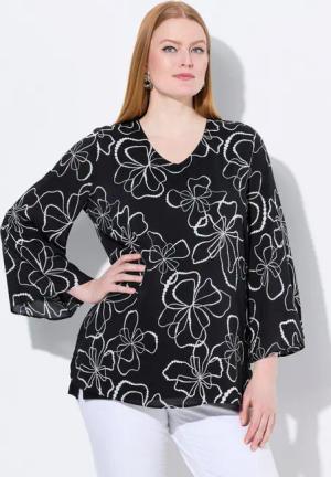 Ulla Popken Druckbluse Shirtbluse doppellagig V-Ausschnitt Langarm