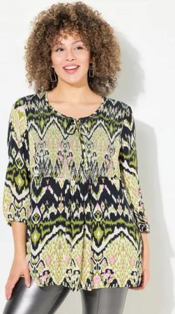 Ulla Popken Druckbluse Smokbluse A-Linie Rundhals 3/4-Arm Krepp