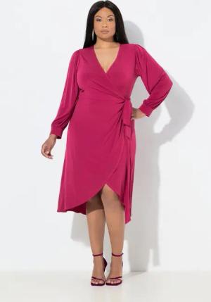 Ulla Popken Etuikleid Midi-Wickelkleid Bindegürtel V-Ausschnitt