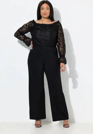 Ulla Popken Funktionshose Jumpsuit Carmen-Ausschnitt weites Bein Langarm
