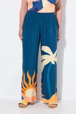 Ulla Popken Funktionshose Palazzohose Palmen/Sonnen weites Bein Elastikbund