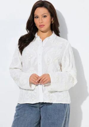 Ulla Popken Hemdbluse Bluse Blütenstickerei A-Linie Hemdkragen Langarm