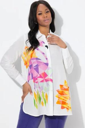 Ulla Popken Hemdbluse Bluse Flamingos A-Linie Hemdkragen Langarm