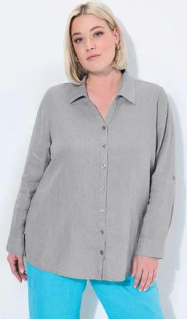 Ulla Popken Hemdbluse Bluse Leinen offener Kragen Langarm