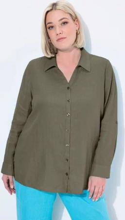 Ulla Popken Hemdbluse Bluse Leinen offener Kragen Langarm
