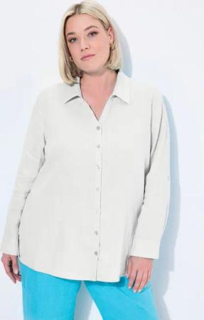 Ulla Popken Hemdbluse Bluse Leinen offener Kragen Langarm