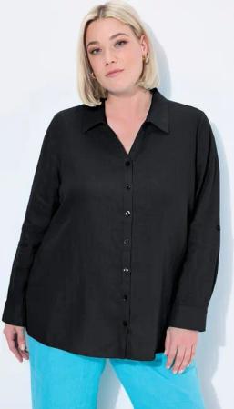 Ulla Popken Hemdbluse Bluse Leinen offener Kragen Langarm