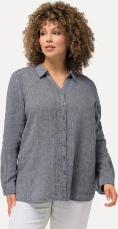 Ulla Popken Hemdbluse Bluse Leinen offener Kragen Langarm