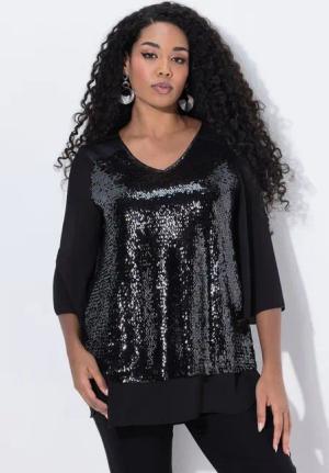 Ulla Popken Hemdbluse Chiffonbluse Pailletten A-Linie V-Ausschnitt