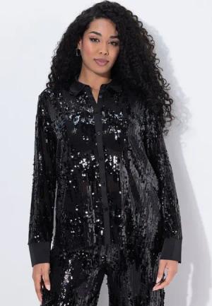 Ulla Popken Hemdbluse Hemdbluse Pailletten Hemdkragen Langarm