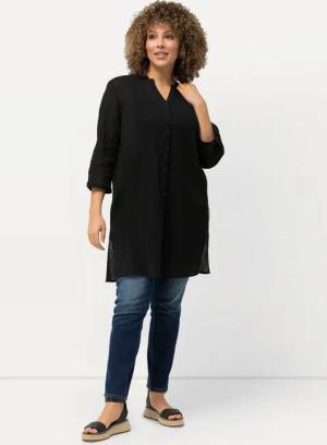 Ulla Popken Hemdbluse Longbluse Krepp Stehkragen V-Ausschnitt 3/4-Arm