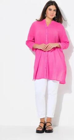 Ulla Popken Hemdbluse Longbluse Krepp Stehkragen V-Ausschnitt 3/4-Arm