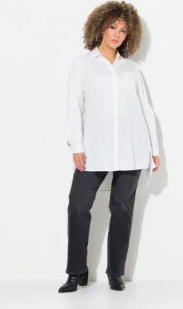 Ulla Popken Hemdbluse Longbluse Zierbänder Hemdkragen V-Ausschnitt