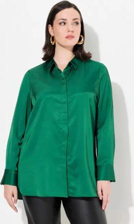 Ulla Popken Hemdbluse Satin-Hemdbluse hinten länger Hemdkragen Langarm