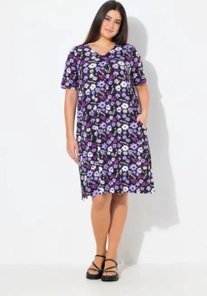 Ulla Popken Jerseykleid Jerseykleid Blüten A-Linie V-Ausschnitt Halbarm