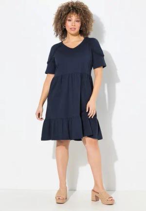 Ulla Popken Jerseykleid Jerseykleid Zierband A-Linie V-Ausschnitt Halbarm