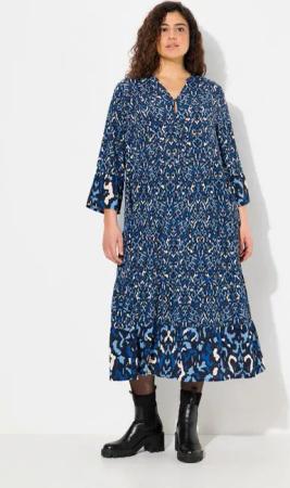 Ulla Popken Jerseykleid Kleid A-Linie Tunika-Ausschnitt 3/4-Volantarm