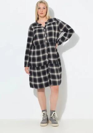 Ulla Popken Jerseykleid Kleid Karo A-Linie Tunika-Ausschnitt Langarm