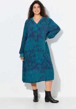 Ulla Popken Jerseykleid Kleid Zierfalte A-Linie Stehkragen Glocken-Langarm