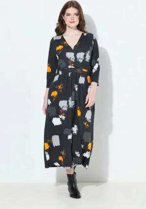 Ulla Popken Jerseykleid Maxikleid grafischer Druck V-Ausschnitt 3/4-Arm