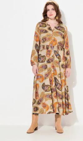 Ulla Popken Jerseykleid Maxikleid Paisley A-Linie V-Ausschnitt Langarm