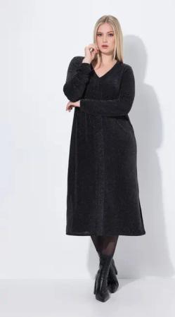 Ulla Popken Jerseykleid Midi-Glitzerkleid A-Linie V-Ausschnitt Langarm