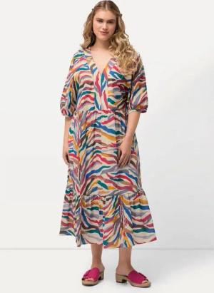 Ulla Popken Jerseykleid Midikleid A-Linie V-Ausschnitt geraffter Halbarm