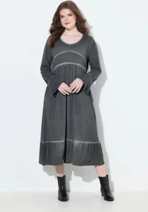 Ulla Popken Jerseykleid Midikleid Cupromix A-Linie V-Ausschnitt 3/4-Arm