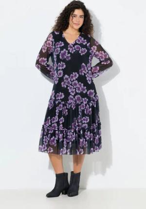 Ulla Popken Jerseykleid Midikleid doppellagig Blumen V-Ausschnitt Langarm