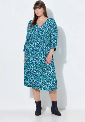 Ulla Popken Jerseykleid Midikleid Herzen Wickeloptik V-Ausschnitt 3/4-Arm