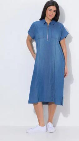 Ulla Popken Jerseykleid Midikleid Jeansoptik Hemdkragen Zipper Halbarm