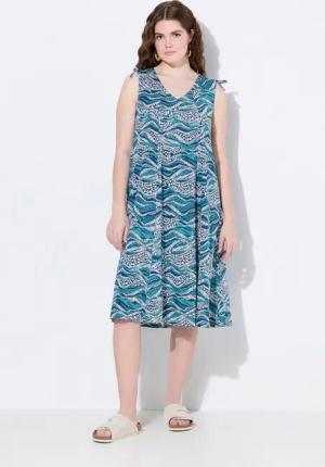 Ulla Popken Jerseykleid Midikleid Jersey Wellen V-Ausschnitt ärmellos